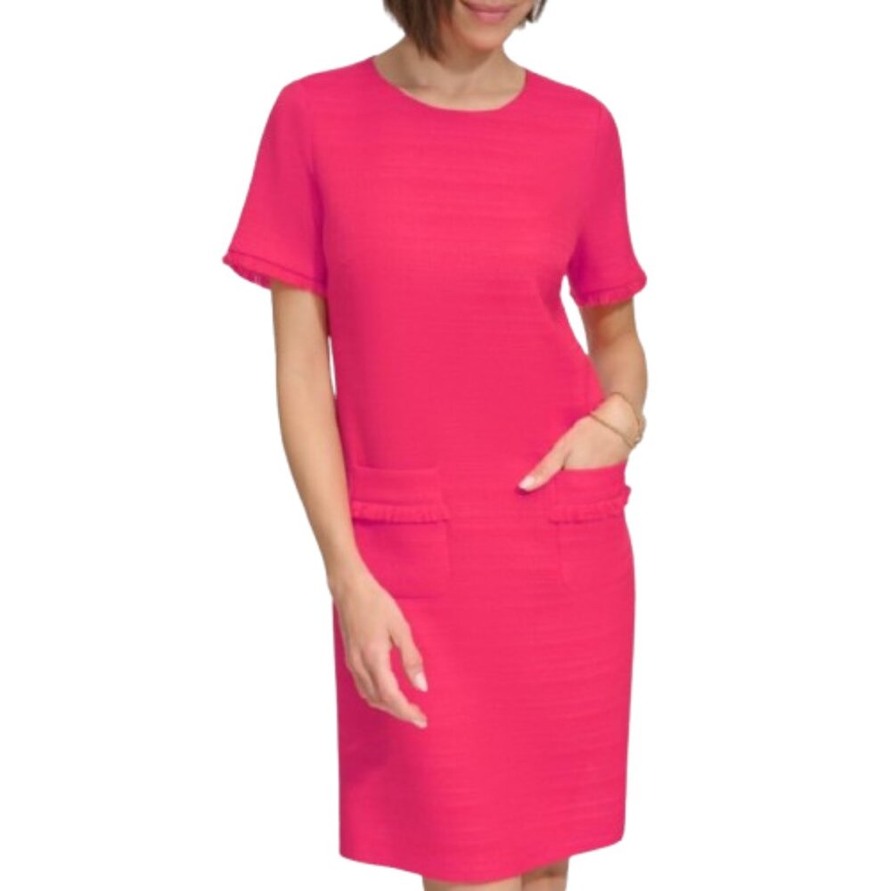 Tommy Hilfiger Pink Sheath Tweed Dress NWT Pockets Short Sleeves Fringe Solid
